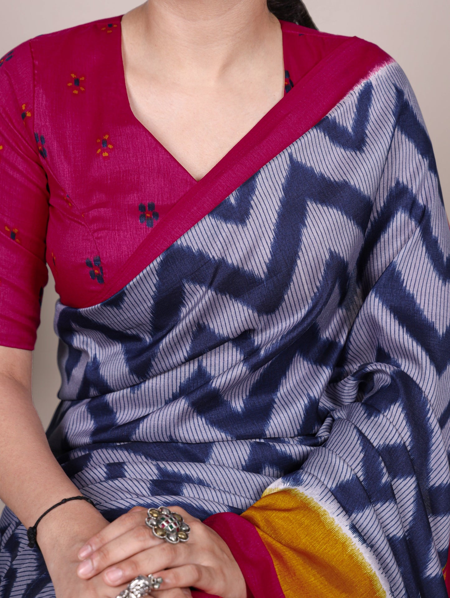 Blue Tasar Silk Zigzag Print Saree with Unstitched Blouse