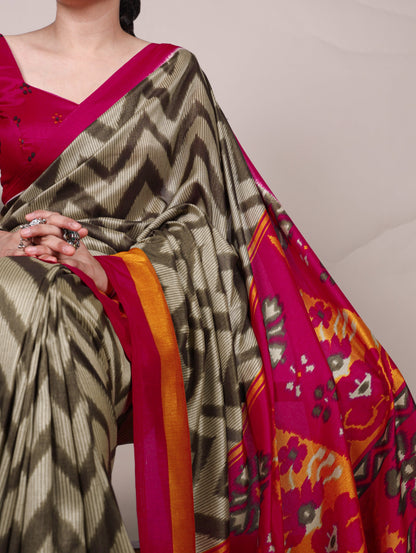 Mehndi Green Tasar Silk Zigzag Print Saree with Unstitched Blouse
