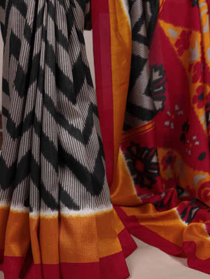 Black Tasar Silk Zigzag Print Saree with Unstitched Blouse