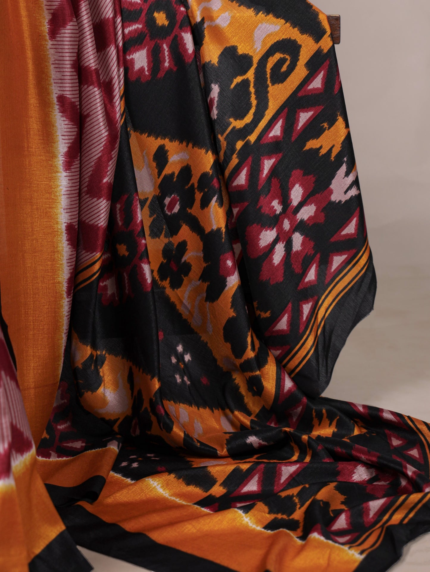 Meroon Tasar Silk Zigzag Print Saree with Unstitched Blouse
