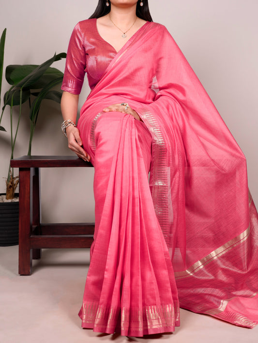 Rani Pink Cotton Silk Zari Weaving Saree with Unstitched Blouse
