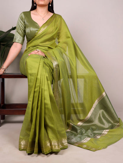 Olive Green Cotton Silk Zari Weaving Saree with Unstitched Blouse