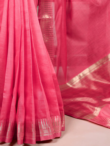 Rani Pink Cotton Silk Zari Weaving Saree with Unstitched Blouse