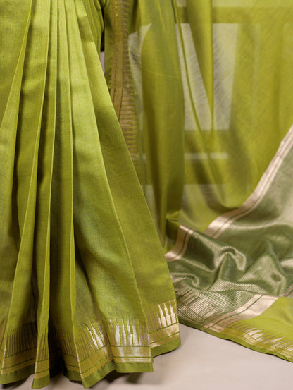 Olive Green Cotton Silk Zari Weaving Saree with Unstitched Blouse
