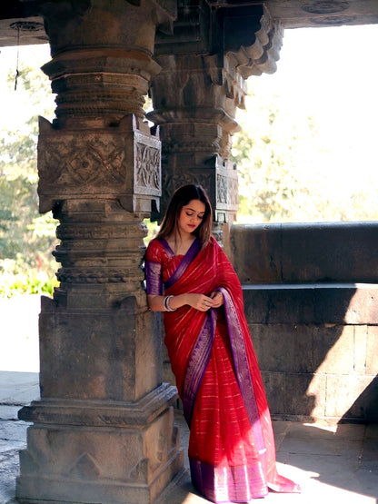 Red Stripe Zari Weaving Saree with Unstitched Blouse