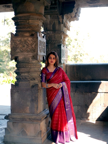 Red Stripe Zari Weaving Saree with Unstitched Blouse