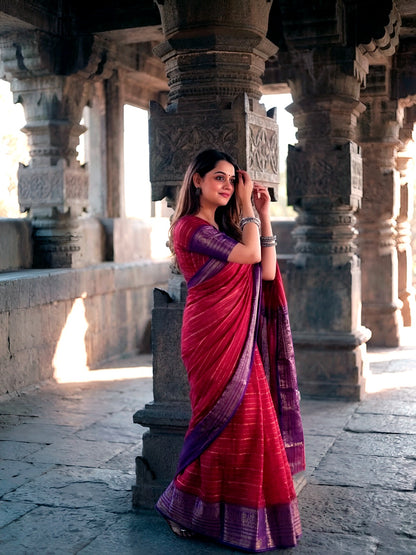Red Stripe Zari Weaving Saree with Unstitched Blouse