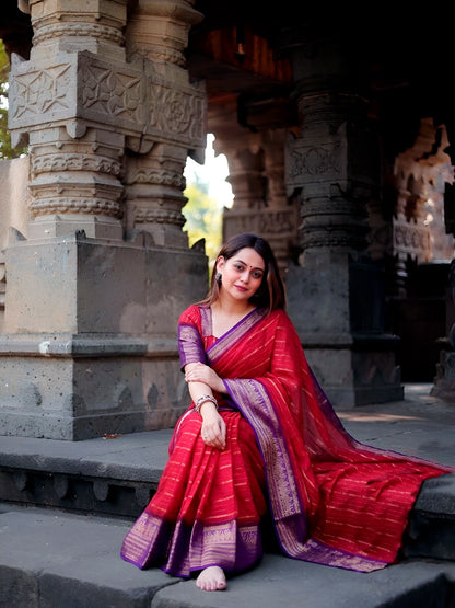 Red Stripe Zari Weaving Saree with Unstitched Blouse