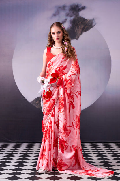 Red Floral Print With Pearl Lace Border Saree with Unstitched Blouse