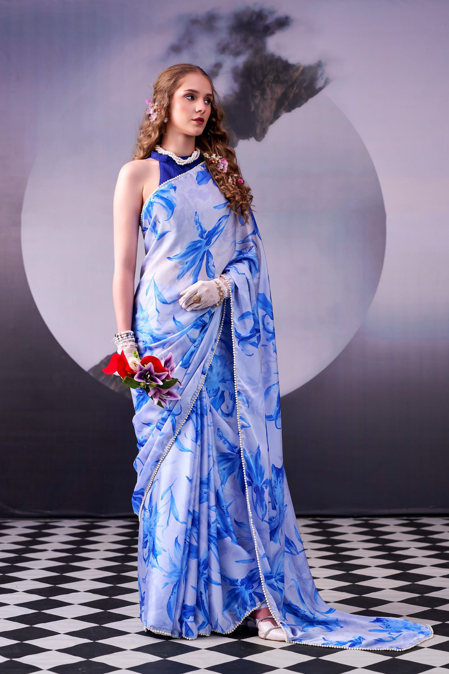 Sky Blue Floral Print With Pearl Lace Border Saree with Unstitched Blouse