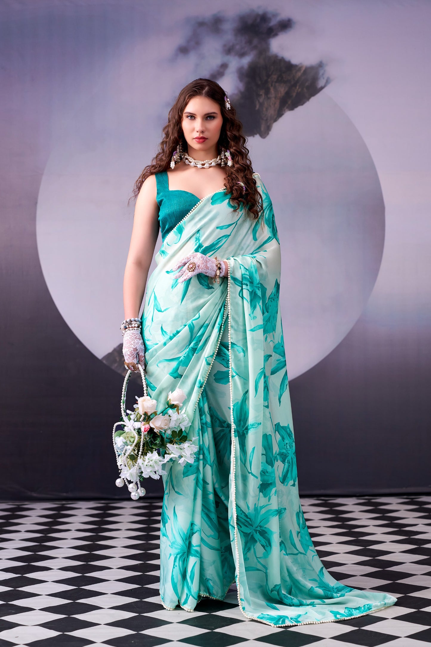 Firozi Floral Print With Pearl Lace Border Saree with Unstitched Blouse