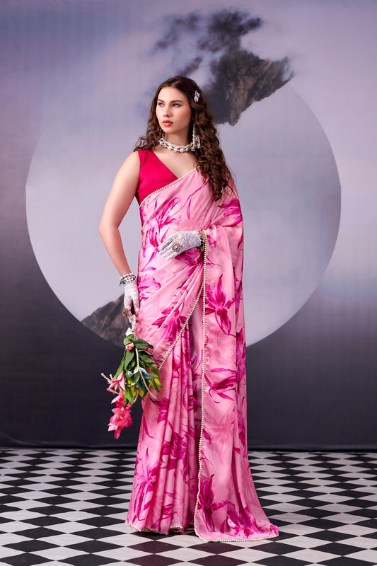Pink Floral Print With Pearl Lace Border Saree with Unstitched Blouse