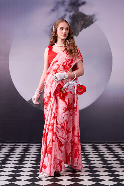 Red Floral Print With Pearl Lace Border Saree with Unstitched Blouse