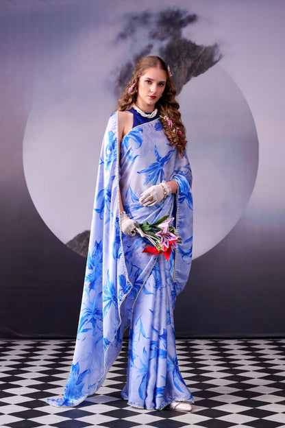 Sky Blue Floral Print With Pearl Lace Border Saree with Unstitched Blouse