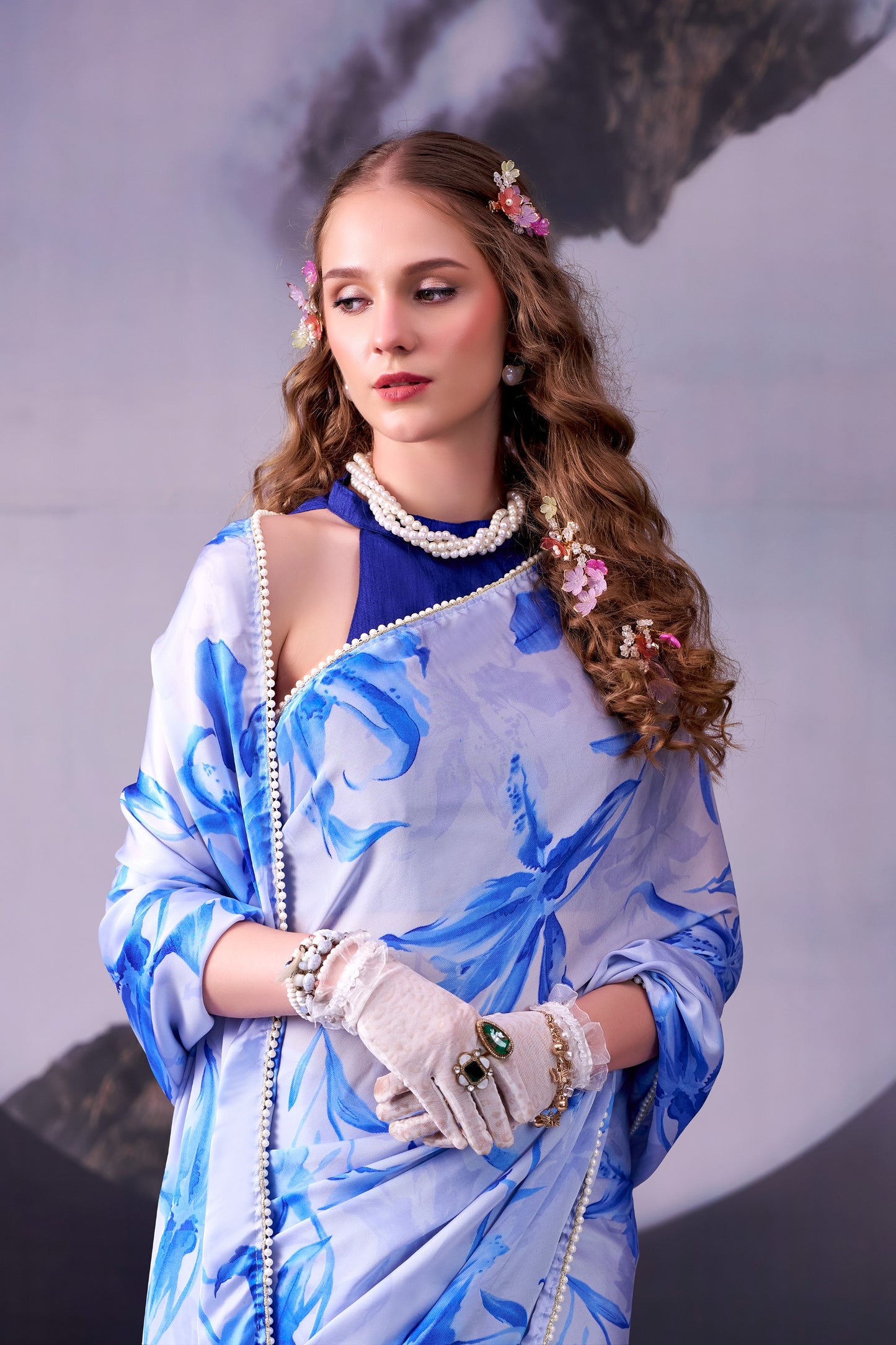 Sky Blue Floral Print With Pearl Lace Border Saree with Unstitched Blouse