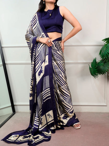 Navy Blue Satin Chiffon Printed Saree with Unstitched Blouse