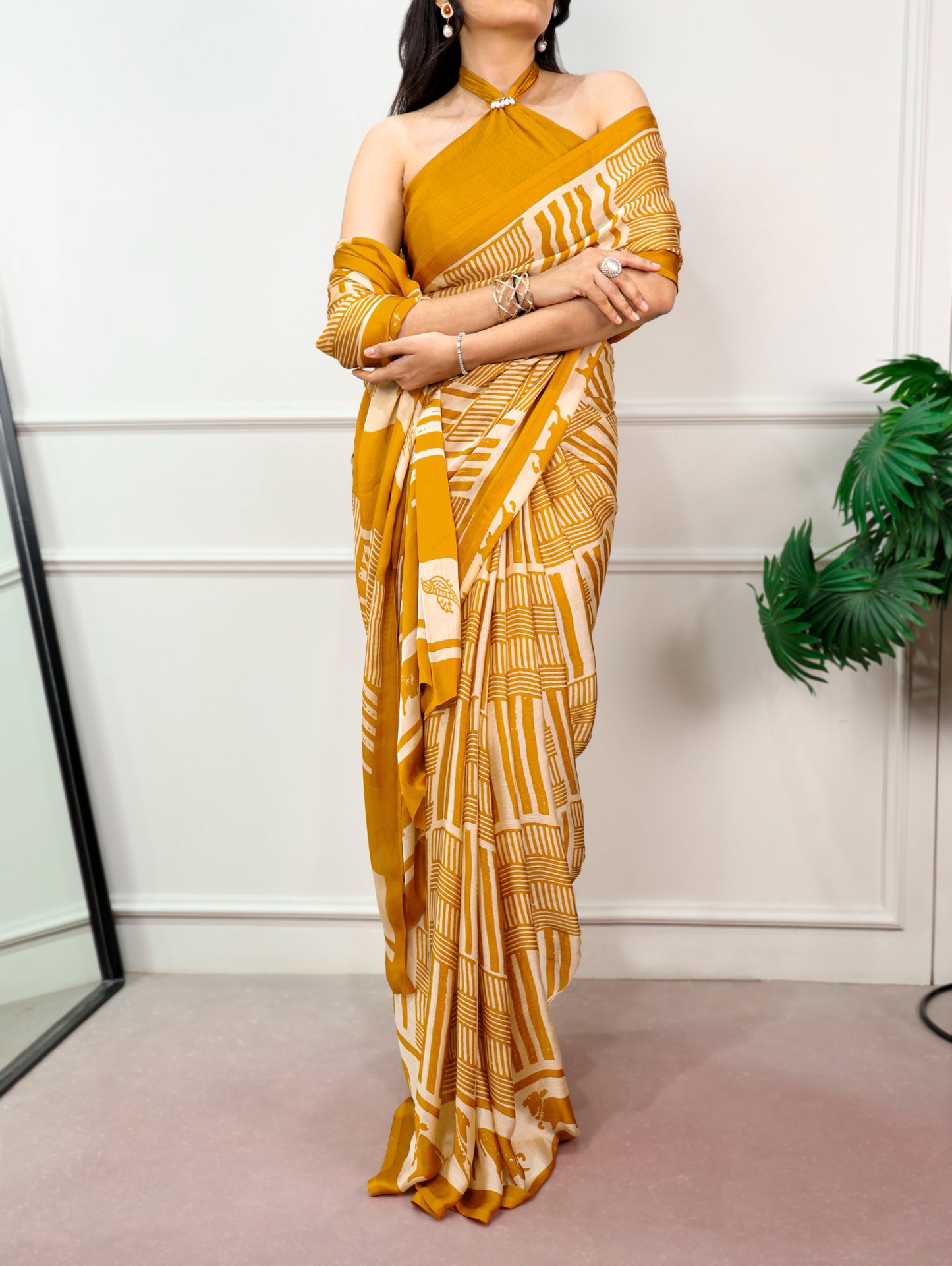 Mustard Yellow Satin Chiffon Printed Saree with Unstitched Blouse