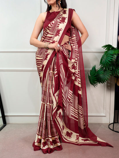 Maroon Satin Chiffon Printed Saree with Unstitched Blouse