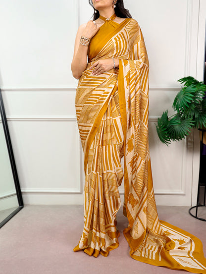 Mustard Yellow Satin Chiffon Printed Saree with Unstitched Blouse