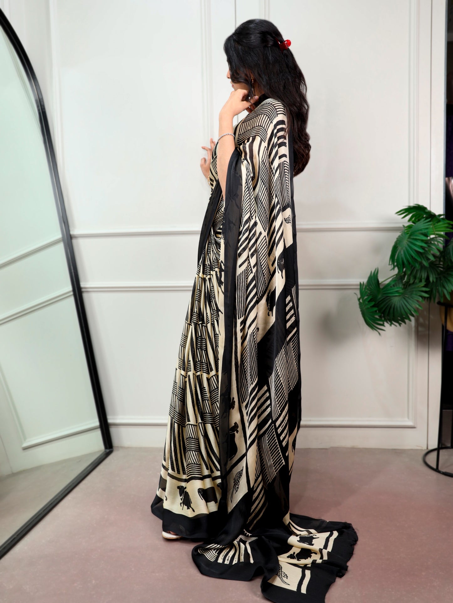 Black Satin Chiffon Printed Saree with Unstitched Blouse