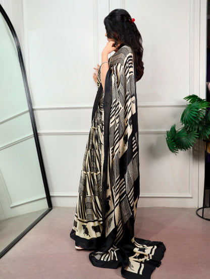 Black Satin Chiffon Printed Saree with Unstitched Blouse