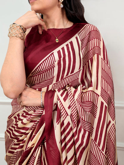 Maroon Satin Chiffon Printed Saree with Unstitched Blouse