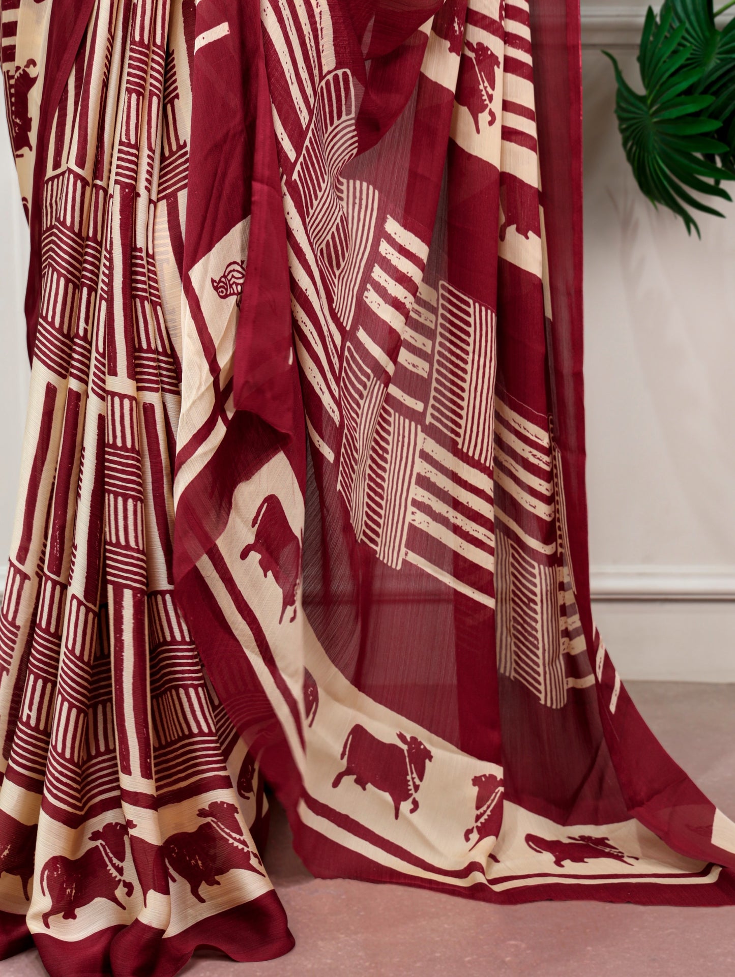 Maroon Satin Chiffon Printed Saree with Unstitched Blouse