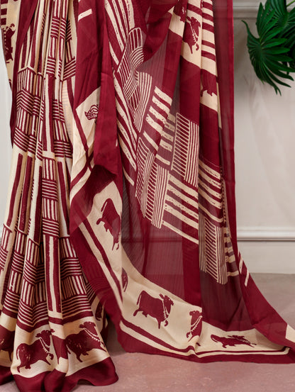 Maroon Satin Chiffon Printed Saree with Unstitched Blouse