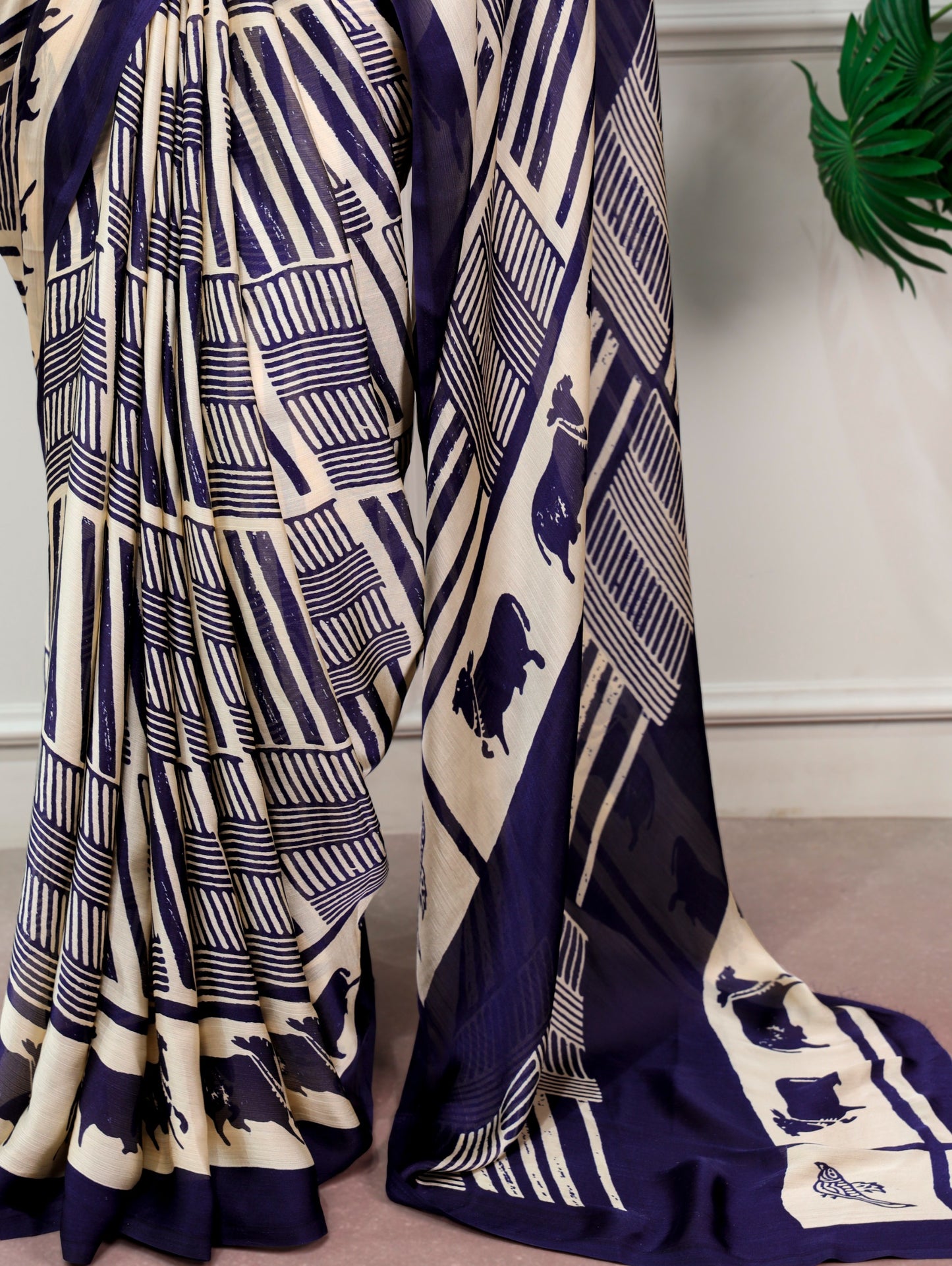 Navy Blue Satin Chiffon Printed Saree with Unstitched Blouse