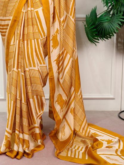 Mustard Yellow Satin Chiffon Printed Saree with Unstitched Blouse