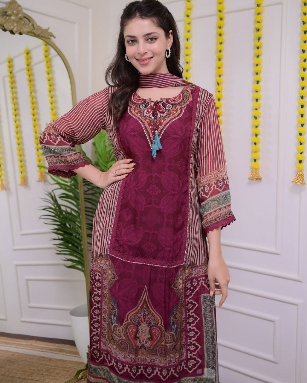 Elegant Maroon Kurti Set with Dupatta