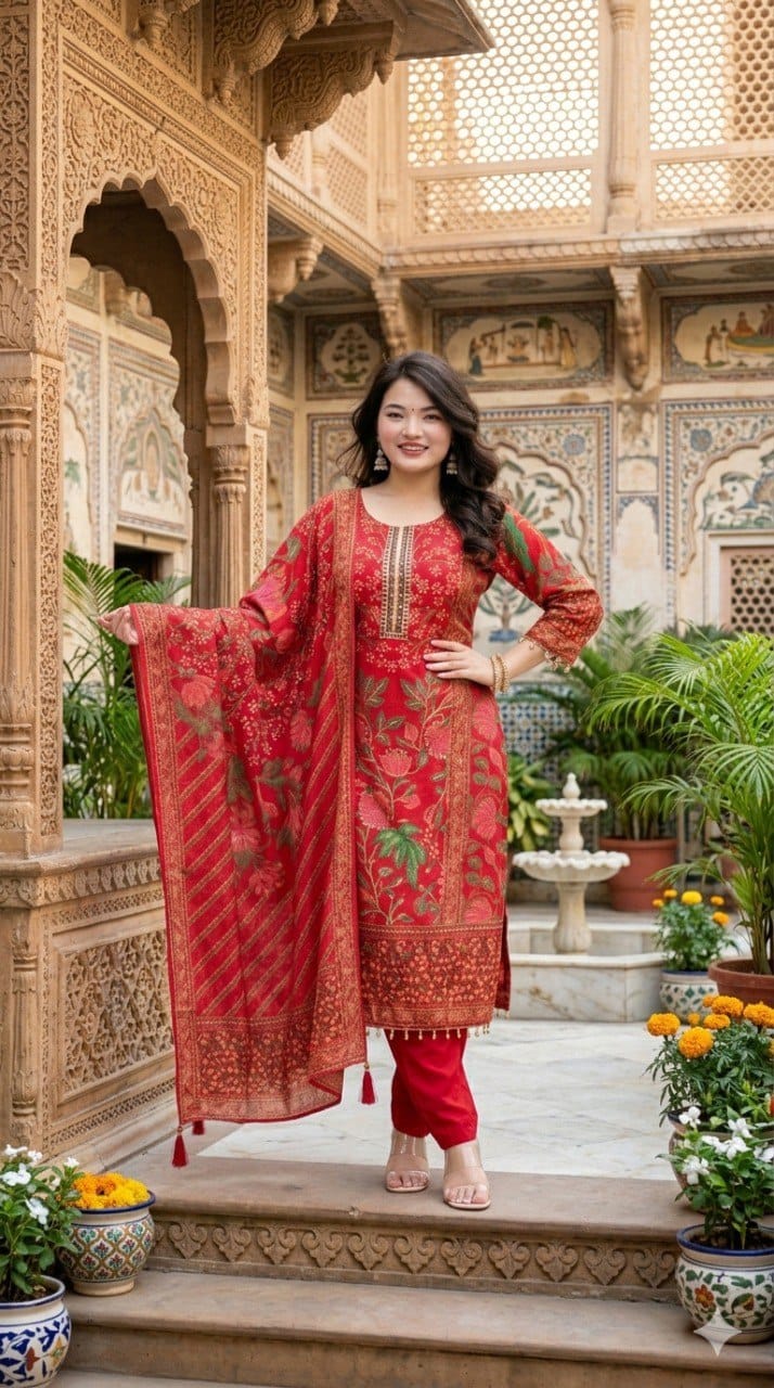 Premium Muslin Kurti Pant Dupatta Set