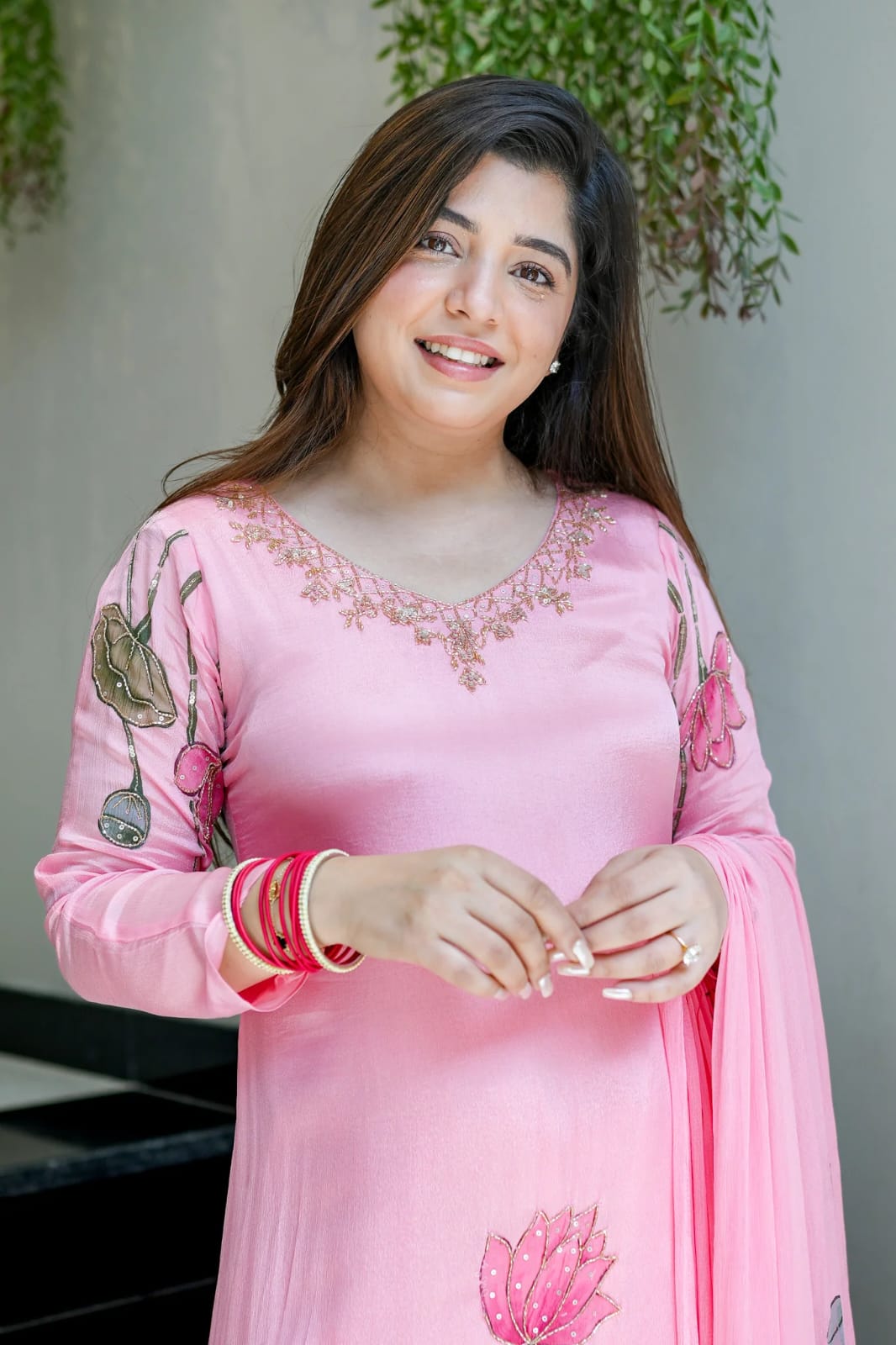 Pink Chinon A-line Kurta Set