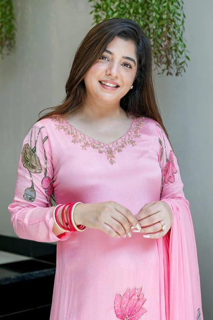 Pink Chinon A-line Kurta Set