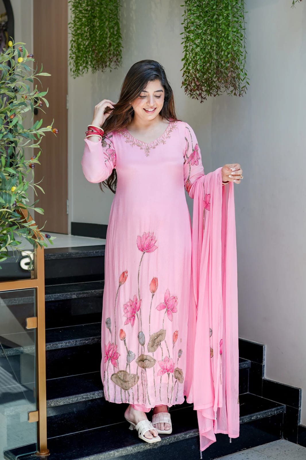 Pink Chinon A-line Kurta Set