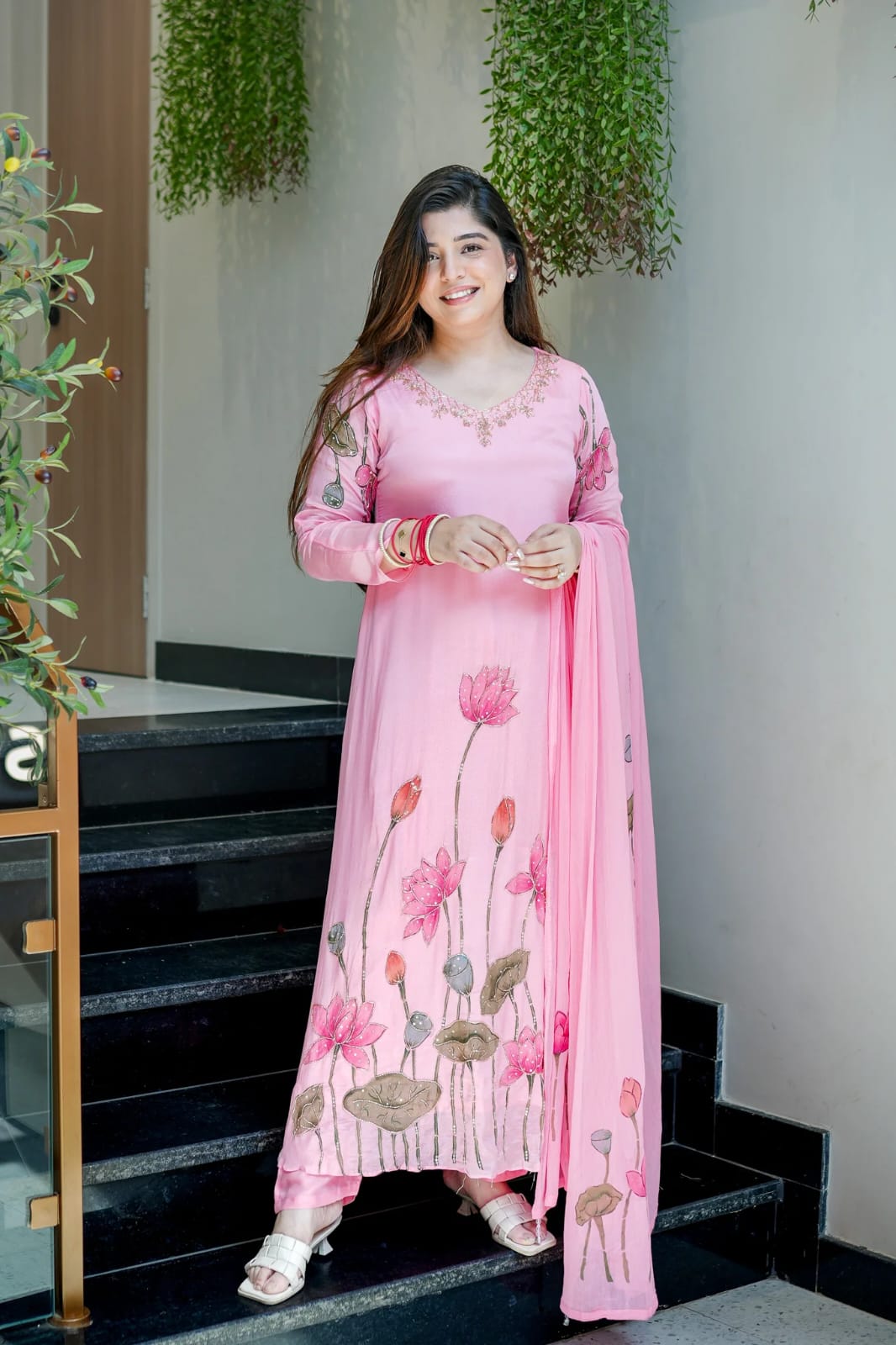 Pink Chinon A-line Kurta Set