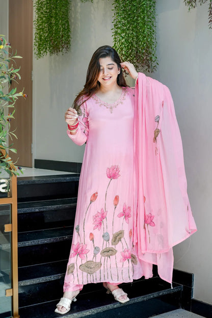 Pink Chinon A-line Kurta Set