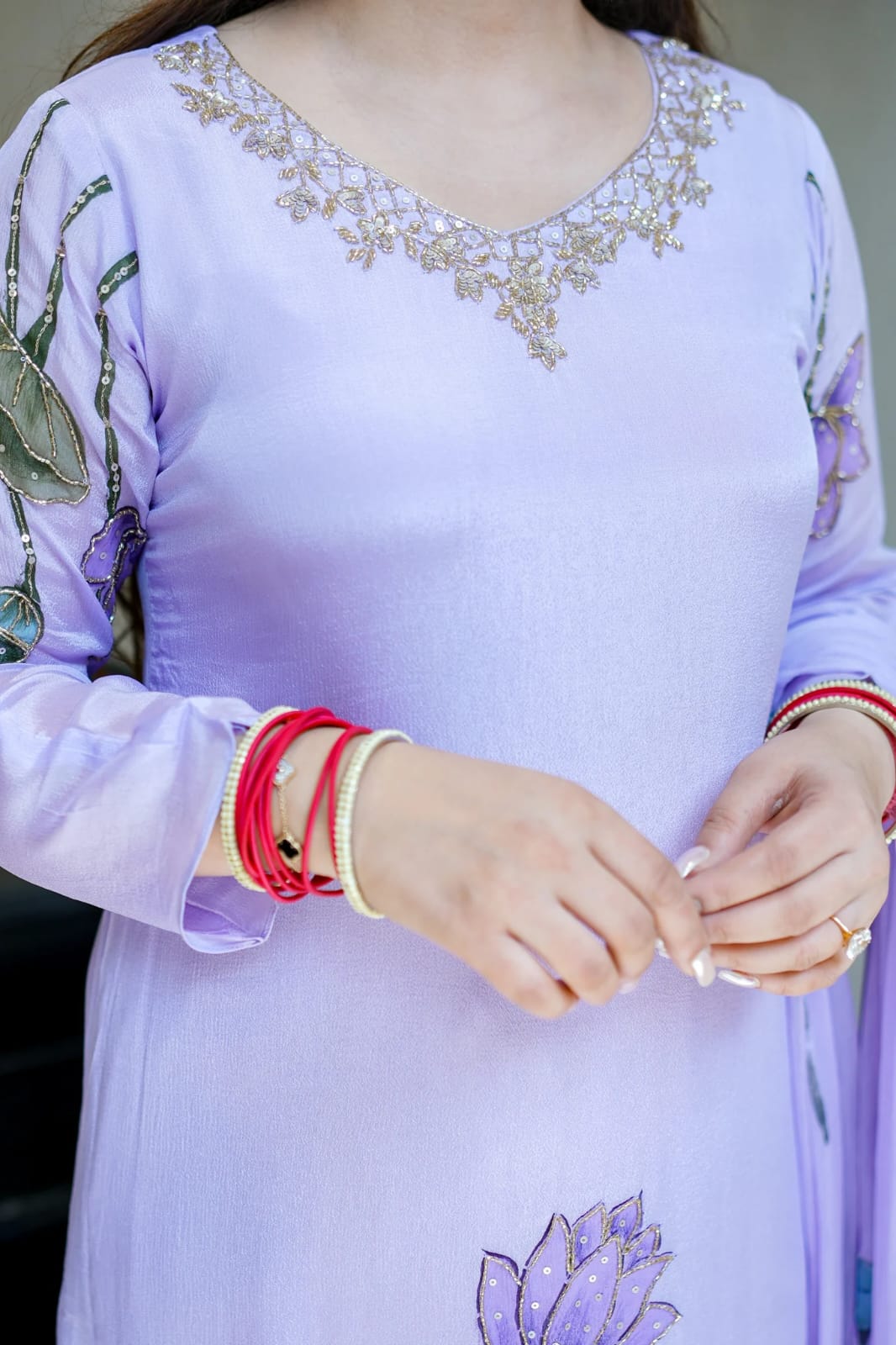 Lavender Chinon A-line Kurta Set