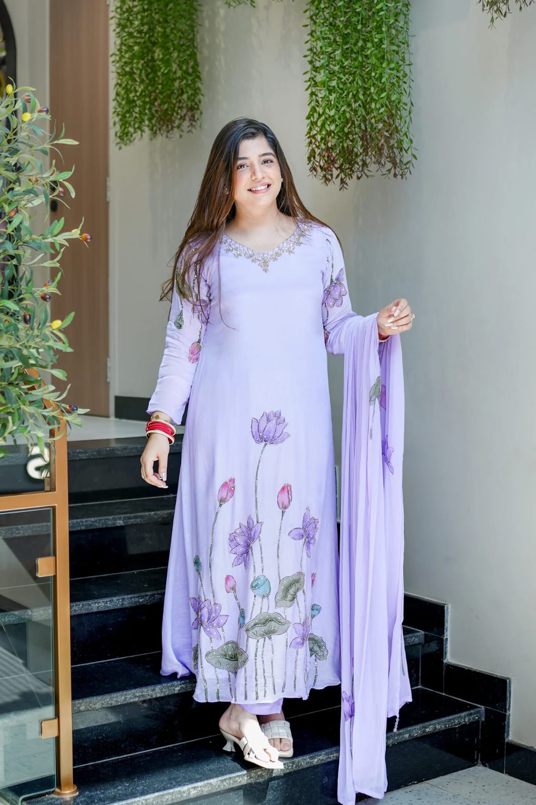 Lavender Chinon A-line Kurta Set