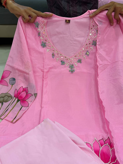 Pink Chinon A-line Kurta Set