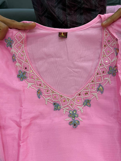 Pink Chinon A-line Kurta Set