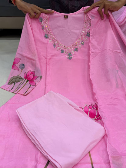Pink Chinon A-line Kurta Set