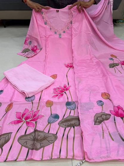 Pink Chinon A-line Kurta Set