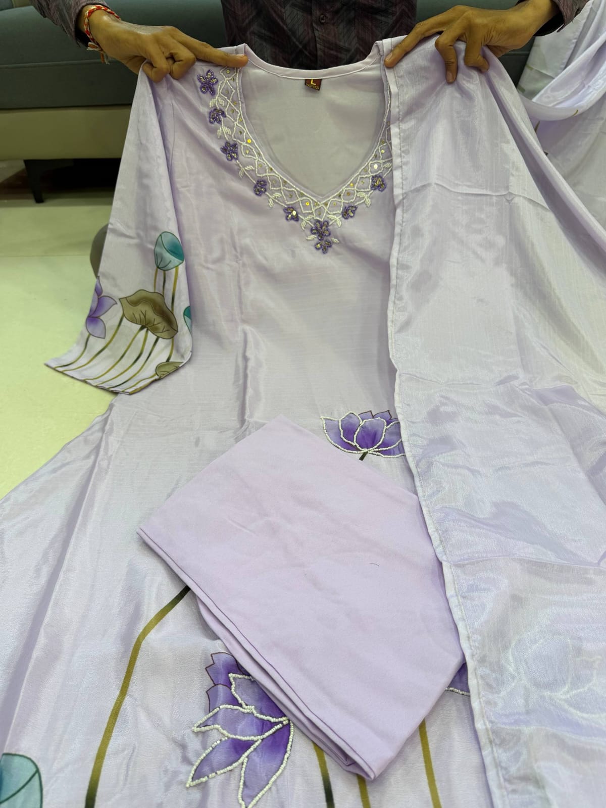 Lavender Chinon A-line Kurta Set