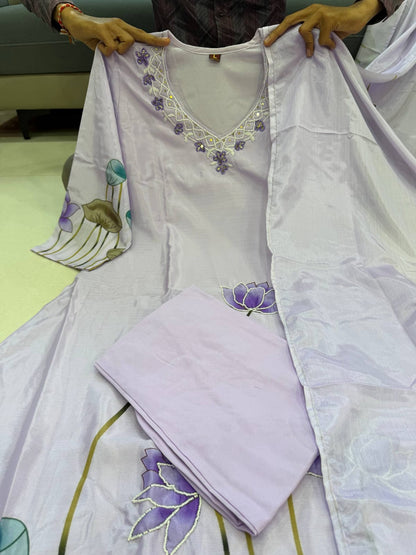 Lavender Chinon A-line Kurta Set
