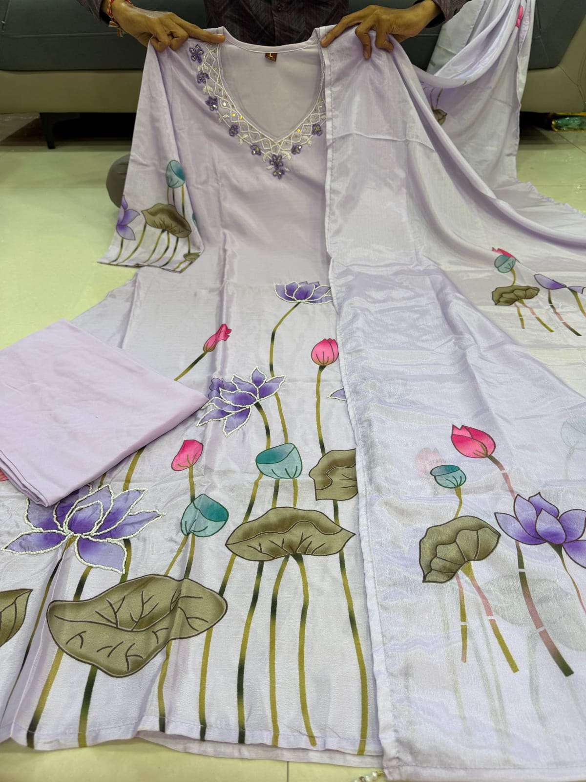Lavender Chinon A-line Kurta Set