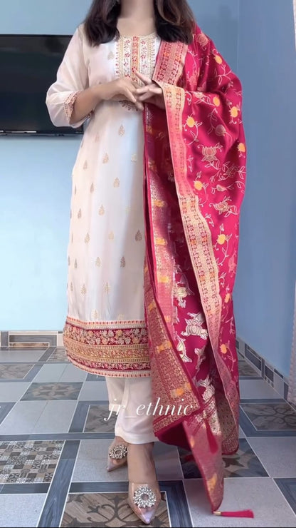 Kanjivaram Silk White Kurti Set