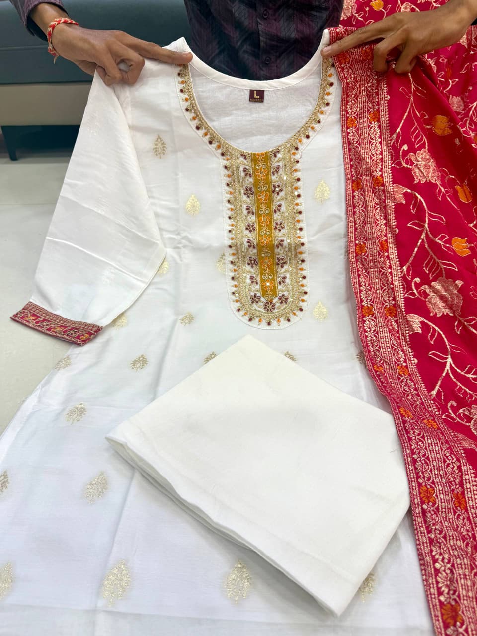 Kanjivaram Silk White Kurti Set