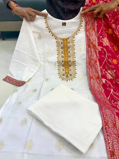 Kanjivaram Silk White Kurti Set