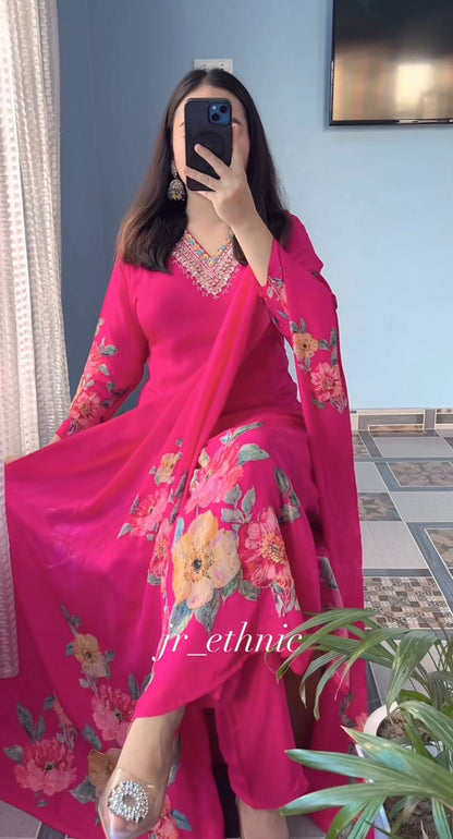 Premium Floral HAND WORKS  KitKat Silk Kurti Set with Dupatta